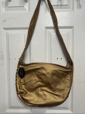 Metallic Gold Shoulder Bag with Stud Accents
